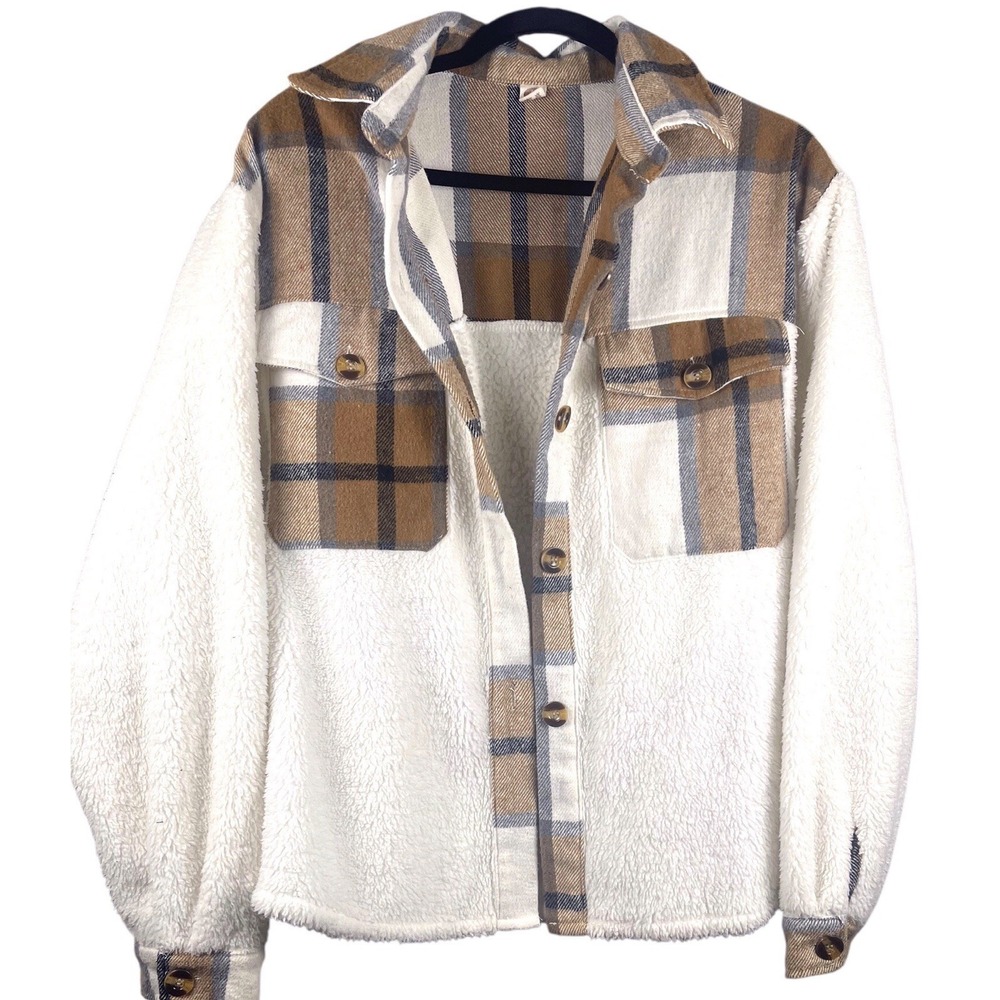SHEIN Womens Large Sherpa Teddy Shacket Jacket Plaid Button Front Fleece Coat